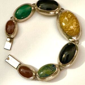 Taxco Mexico Silver Bracelet with Green and Yellow Stones